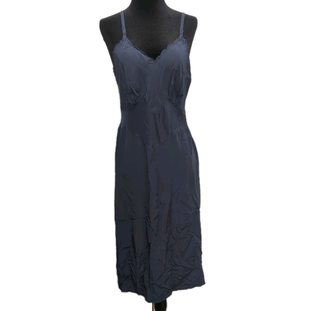 Z8 Vntg Komar Woman's‎ Blue Satin V Neck Scalloped Slip Dress Lingerie Avg 36